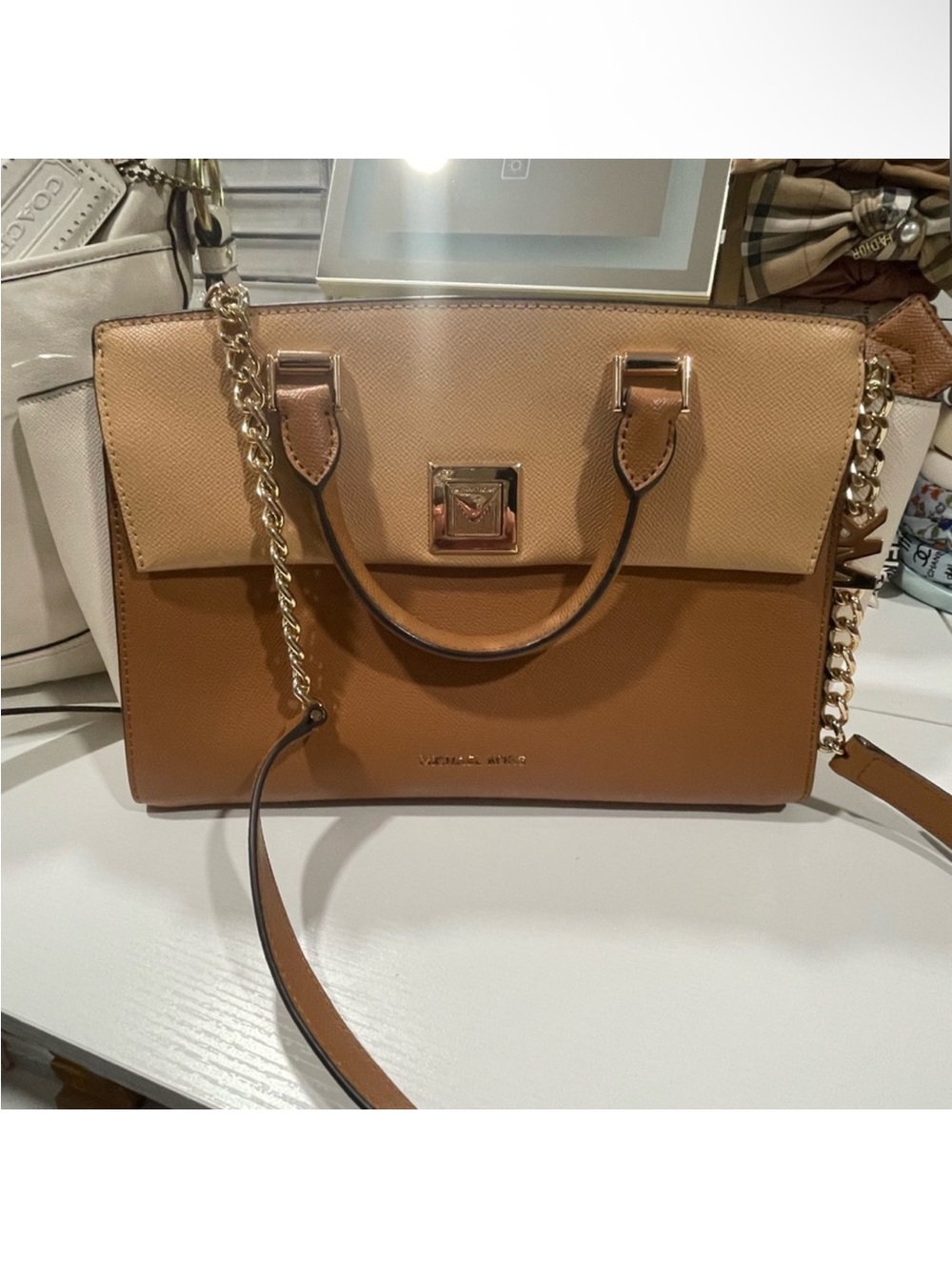 Michael Kors Sylvia Medium Tri-Color Crossgrain Leather Satchel